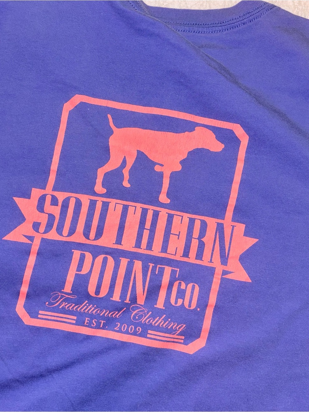 Southern Point Co. men’s large blue short sleeve pocket T-shirt coral dog logo